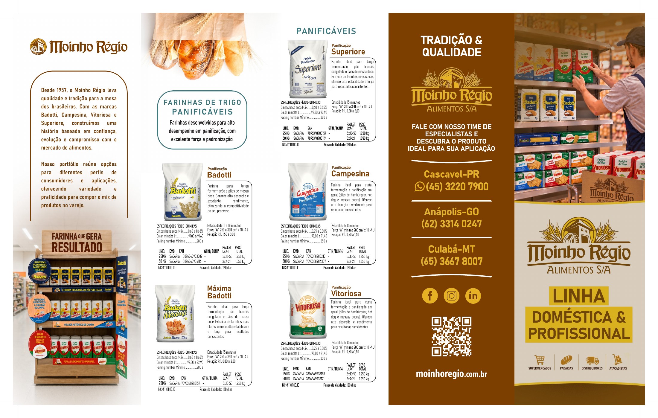 Folder Moinho Régio: apresentação da marca e farinhas panificáveis